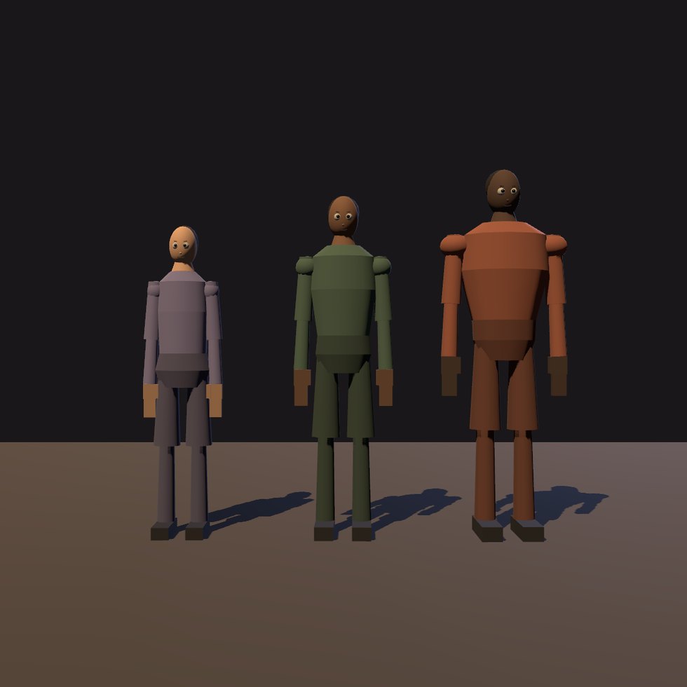 Das Bild, um das dieses Kit gebaut wurde. Drei Figuren nebeneinander: 1,62 m, 1,78 m, 1,92 m — und drei verschiedene Zuschnitte, schmale Schulter gegen breite. In der Vorlage standen drei Gäste auf 0,98, 1,03 und 1,00, also praktisch gleich, und niemand hat es gemerkt, weil sie nie zusammen in einem Bild waren.