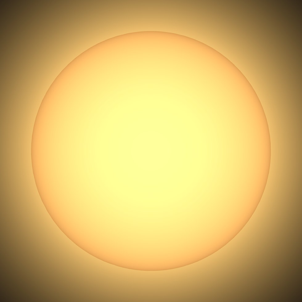 Die Sonne. Nichts an diesem Bild ist ein gekauftes Bild oder eine Textur aus dem Netz: die Oberflächen im ganzen Kit werden prozedural gemalt (Bänder, Flecken, Polkappen), damit das Kit ohne fremde Lizenzen in jedes Spiel darf.