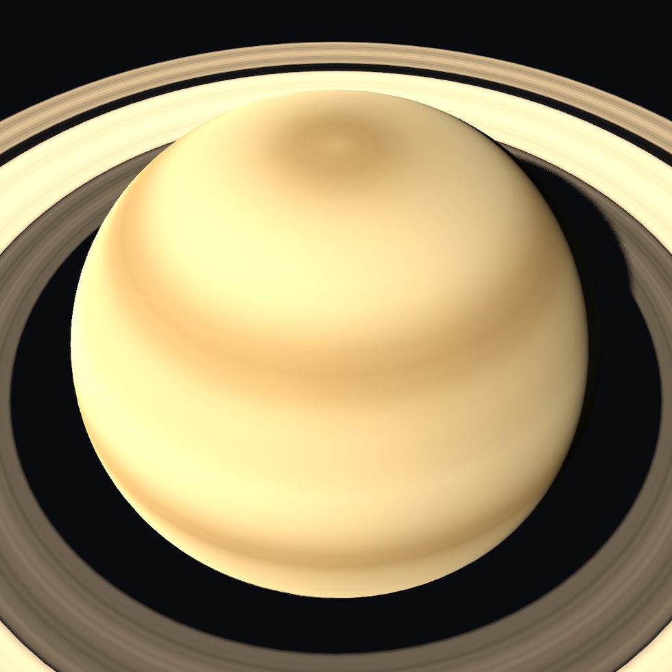 Saturn mit Ring, von schräg oben. Ringradien und Achsneigung stehen im Körper-Katalog als Zahlen mit Quelle, nicht als Augenmass — der Ring liegt in der Äquatorebene und kippt mit der Achse mit.