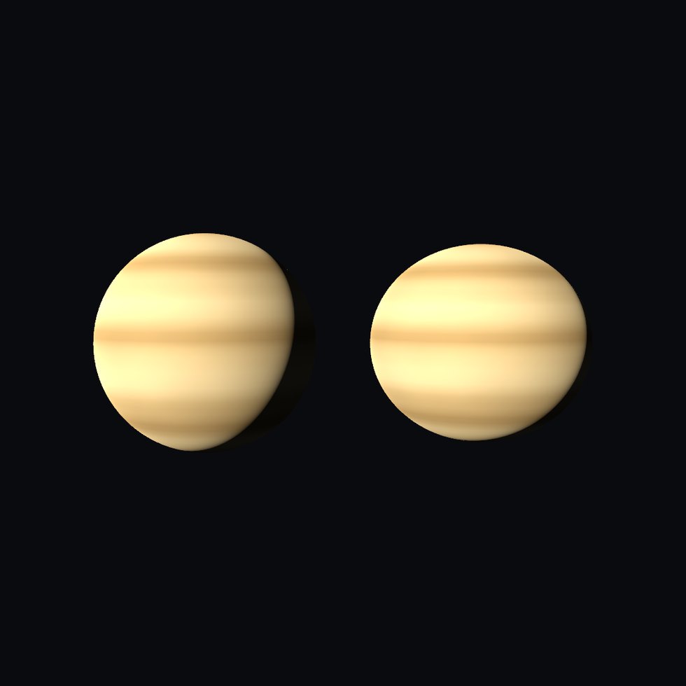 Links eine Kugel, rechts Saturn mit seiner echten Abplattung — er ist an den Polen fast ein Zehntel flacher als am Äquator, und man sieht es sofort, wenn die beiden nebeneinander stehen. Einzeln fällt es niemandem auf; das ist der Grund, warum dieses Bild überhaupt gerendert wird.