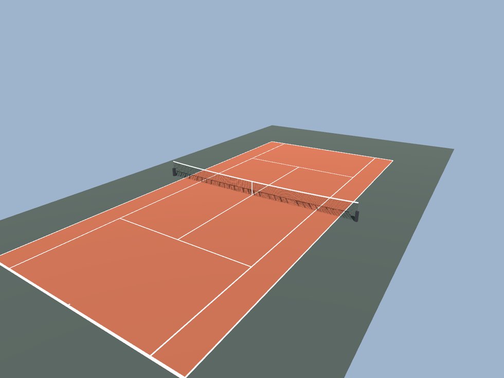 Tennis auf Sand — Platz, Linien, Netz, Pfosten und Einzelstäbe. Das Netz hängt in der Mitte durch: die einzige Netzregel im Kit, die eine Kurve verlangt statt einer Geraden.