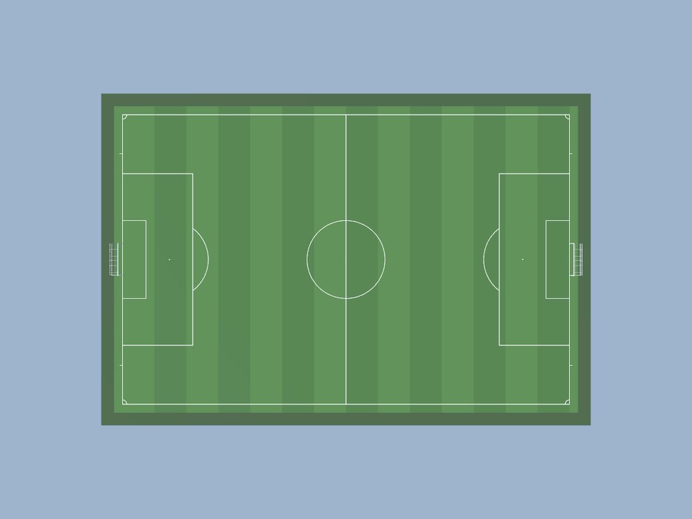 Fussball: jede Markierung, die Regel 1 festlegt, zwei Tore auf echten Pfosten — und der Strafraum aus dem Torpfosten abgeleitet statt abgemessen.