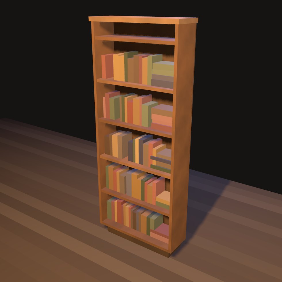 Bücherregal mit Büchern. Die Zahl der Böden kommt aus dem Abstand, nicht aus einer Zahl im Aufruf; gefüllt wird nur ein Fach, in das ein Buch passt.