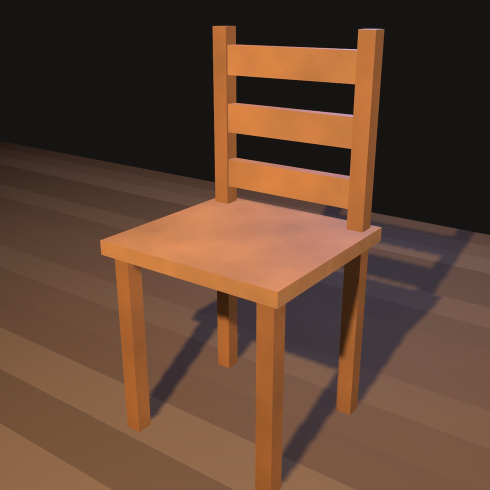 Stuhl. Die Lehne ist aus Sprossen gebaut, nicht aus einer Platte.