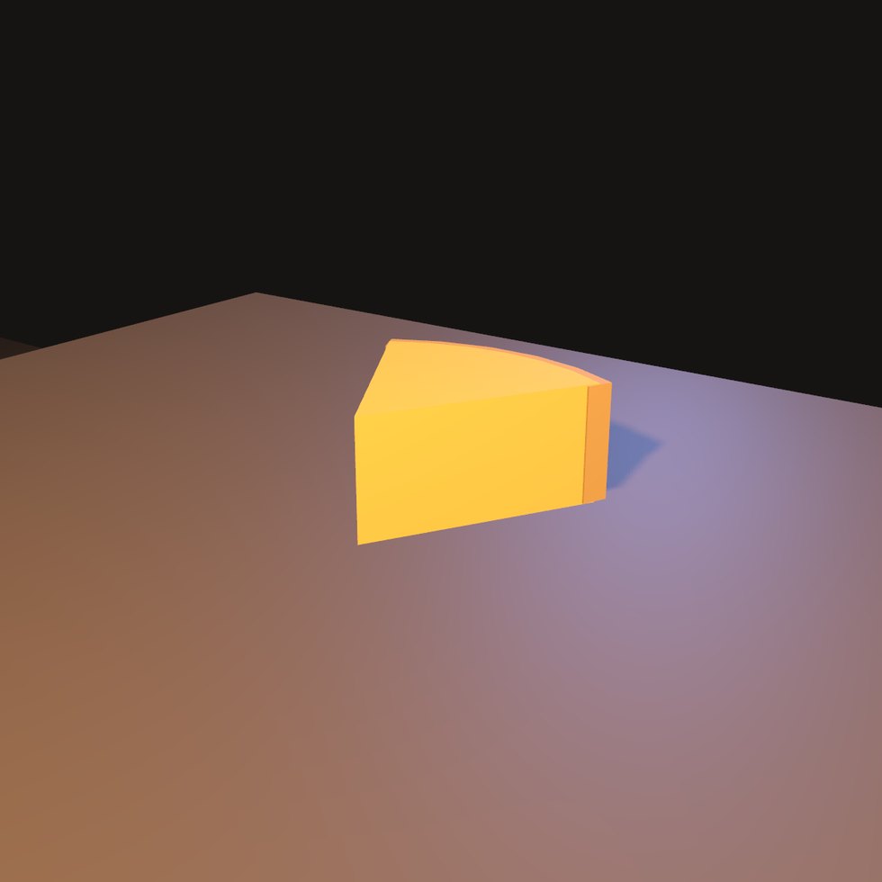 Zwei Fehlversuche, und beide Male war die Geometrie richtig und die PROPORTION falsch. Ein Zweiundvierzigstel des 30-cm-Laibs ist 11 × 9,5 × 15 cm — ein Würfel. Zwanzig Grad davon eine aufgestellte Karte. Was man als Käse erkennt, ist das Stück von einem kleinen Laib.