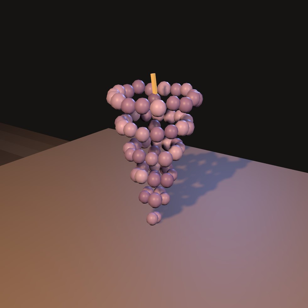 Vierunddreissig Beeren in EINEM Mesh. Als eigene Knoten wären das vierunddreissig Zeichenaufrufe für eine Traube — mehr als die ganze Beiz in `apps/tresenwurf`.