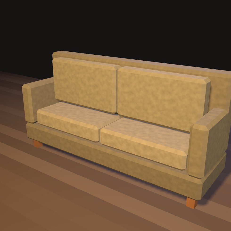 Sofa. Dieselbe Schnittfigur wie der Sessel, auf zwei Plätze gezogen.