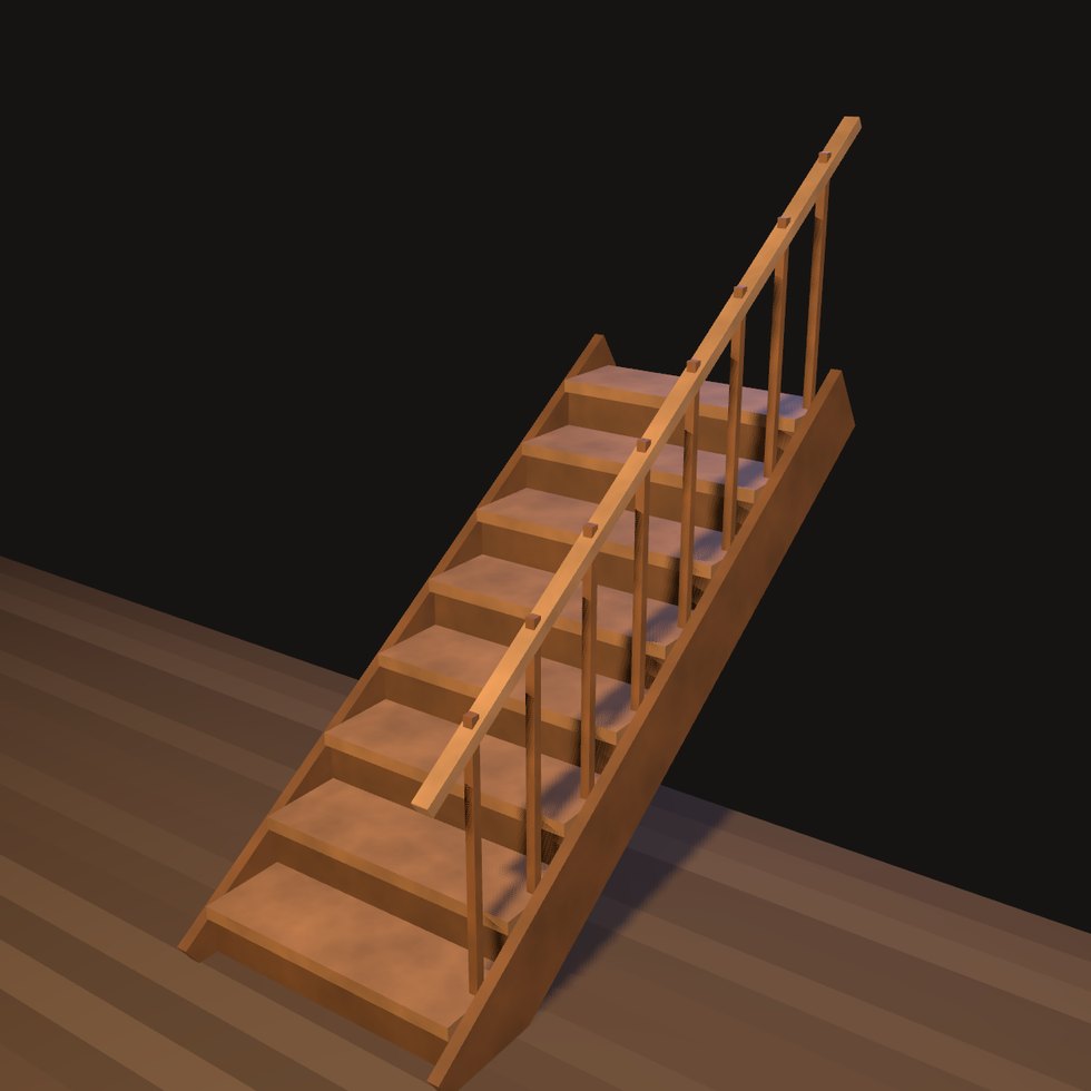 Treppe. Die Wangen hatten im ersten Bild die richtige Länge und keine Richtung — zwei waagrechte Bretter neben dem Lauf.