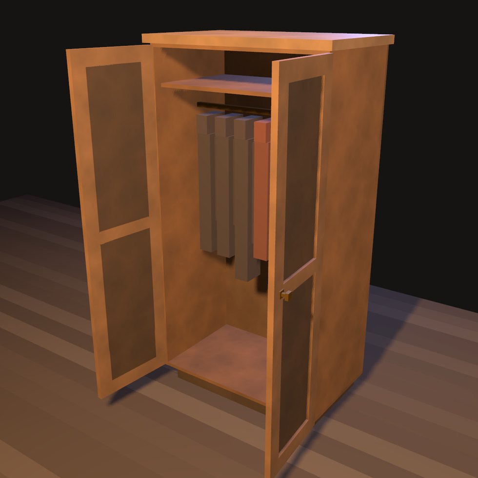 Offen. Der Korpus ist hohl und die Kleider hängen an einer Stange — ein Schrank, der sich auf einen massiven Block öffnet, ist die Türe ins Nichts, ein Stockwerk höher.