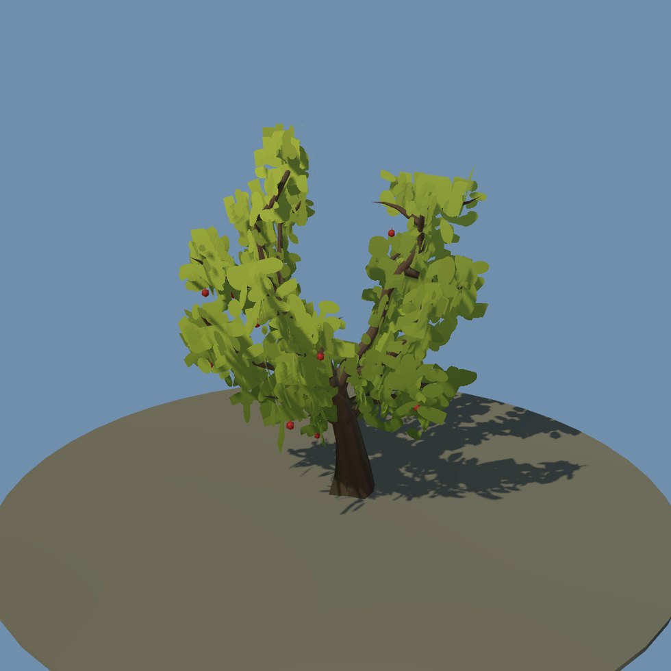 Der Obstbaum im Herbst — und die Frucht ist GEOMETRIE, nicht wie die Blüte eine Farbe auf einer Laubkarte. Der Grund: an einem Apfel steht man und greift danach, und eine Karte, die immer zum Betrachter zeigt, ist aus zwei Metern ein Aufkleber. Sie hängt an den echten Astenden und UNTER dem Laub; der erste Anlauf setzte sie an jedem Kandidatenknoten wie das Laub und streute Äpfel mitten in die Krone, wo kein Licht hinkommt und keine Frucht ansetzt.