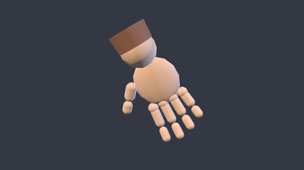 Die Hand am Controller, offen. Aus Grundkörpern gebaut, kein Fremdmaterial.