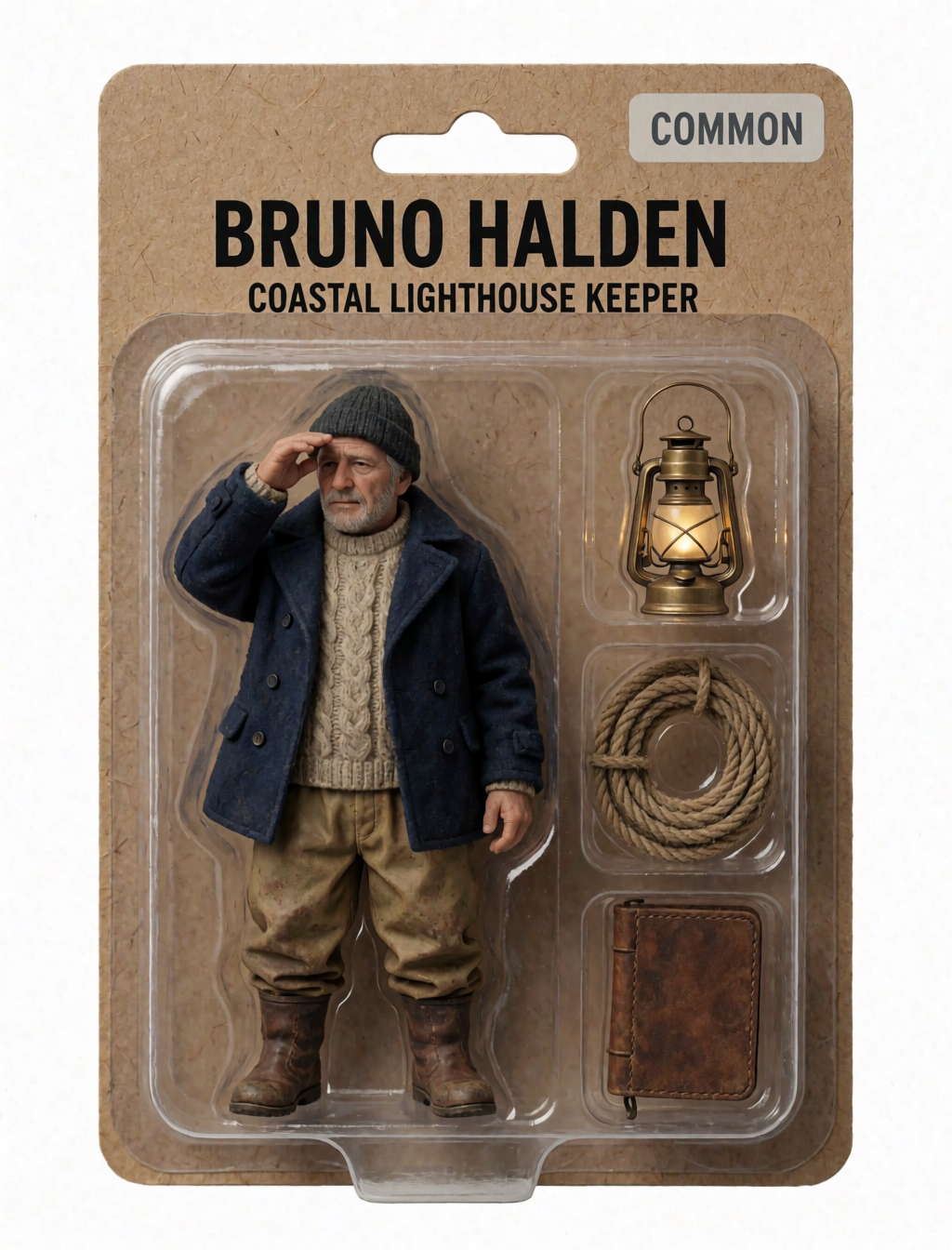 Krea2, lokal gerendert: „Bruno Halden – Coastal Lighthouse Keeper“, Common-Karte mit sauberem Text und drei Accessoires