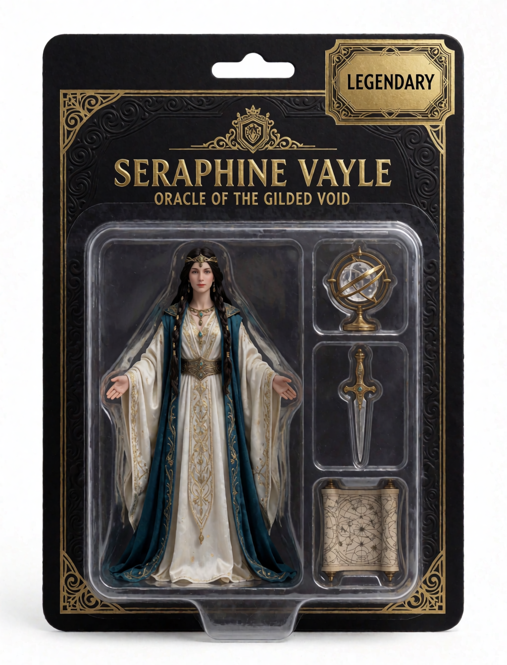 Krea2, Legendary-Karte „Seraphine Vayle“ – gerenderter Goldfolien-Text, lokal ohne Cloud