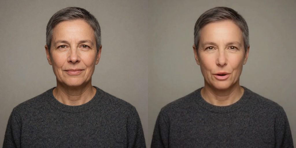 Links die erzeugte Vorlage, rechts ein Bild nach 141 Sekunden Erzeugung — unverwechselbar dieselbe Person, mit leicht schmalerem Gesicht und etwas größerem Kopf